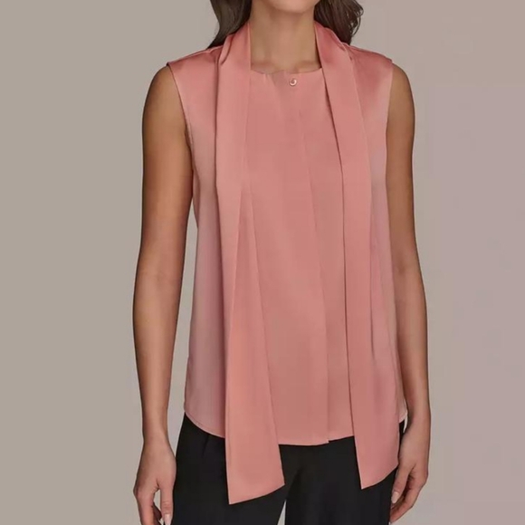 Donna Karan peach satin sleeveless tie neck detail hidden button down blouse - Picture 2 of 14